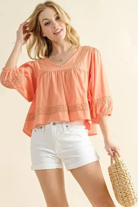 Lace Detailed V Neck Blouse-Apparel & Accessories-Evelyns Fashion