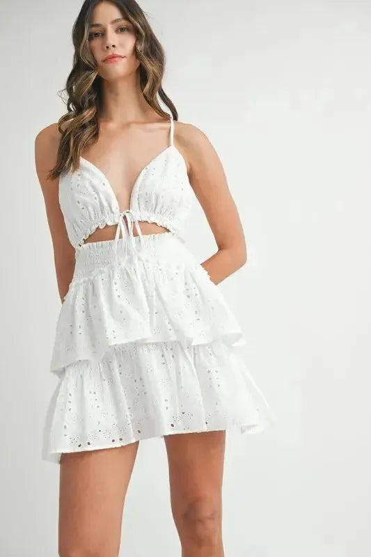Lace Eyelet Ruffle Mini Dress-Apparel & Accessories-Evelyns Fashion