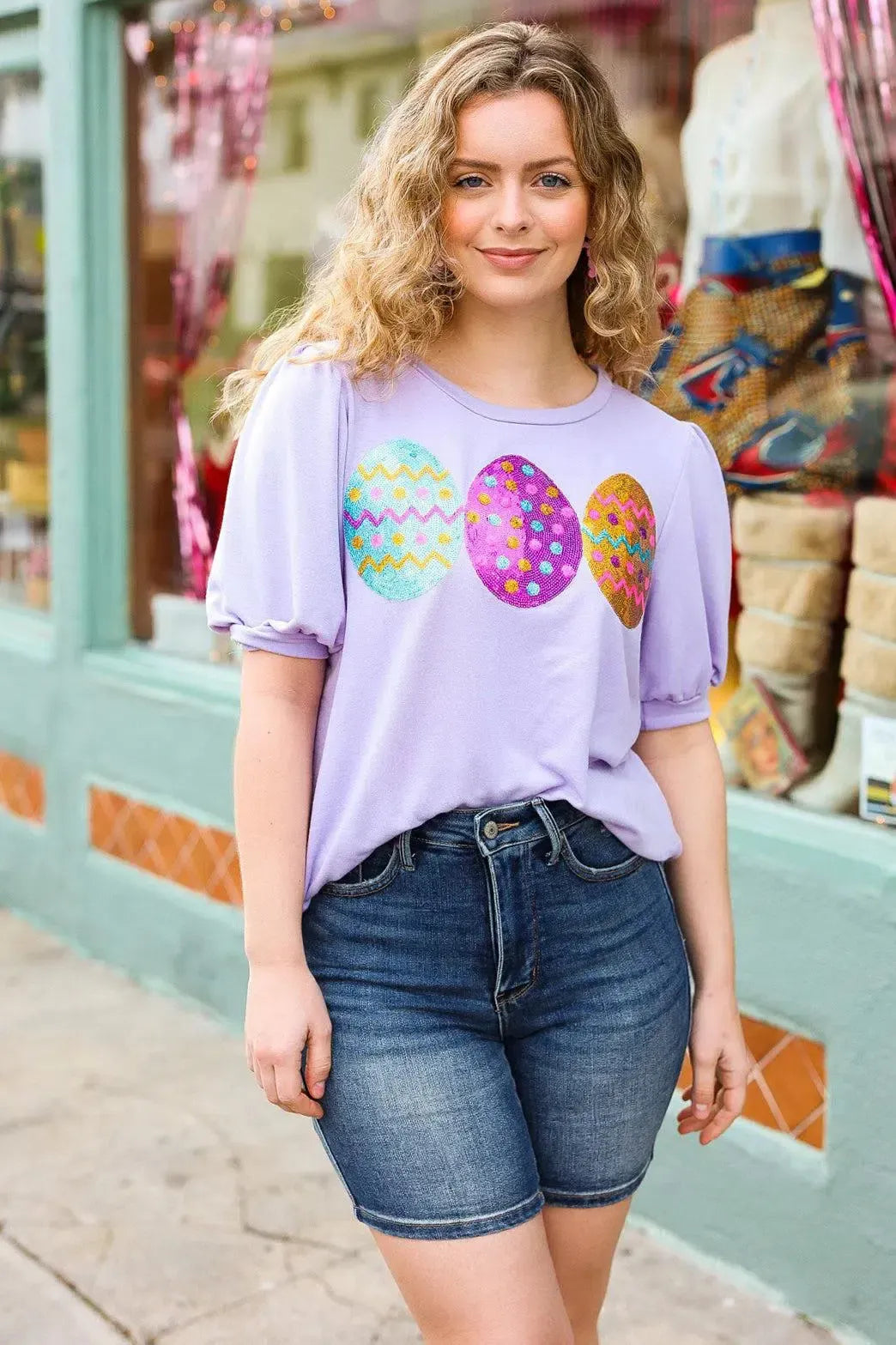 Lilac Sequin Terry Top: Perfect for Easter Celebrations-2024 Blow-Out Sale-Evelyns Fashion