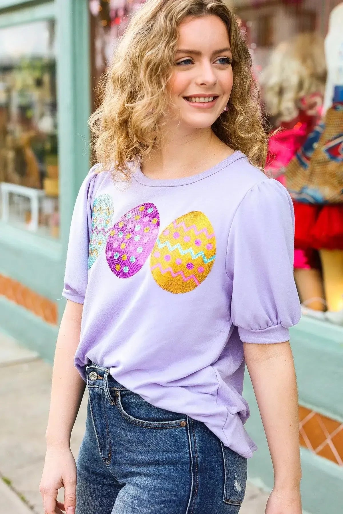 Lilac Sequin Terry Top: Perfect for Easter Celebrations-2024 Blow-Out Sale-Evelyns Fashion