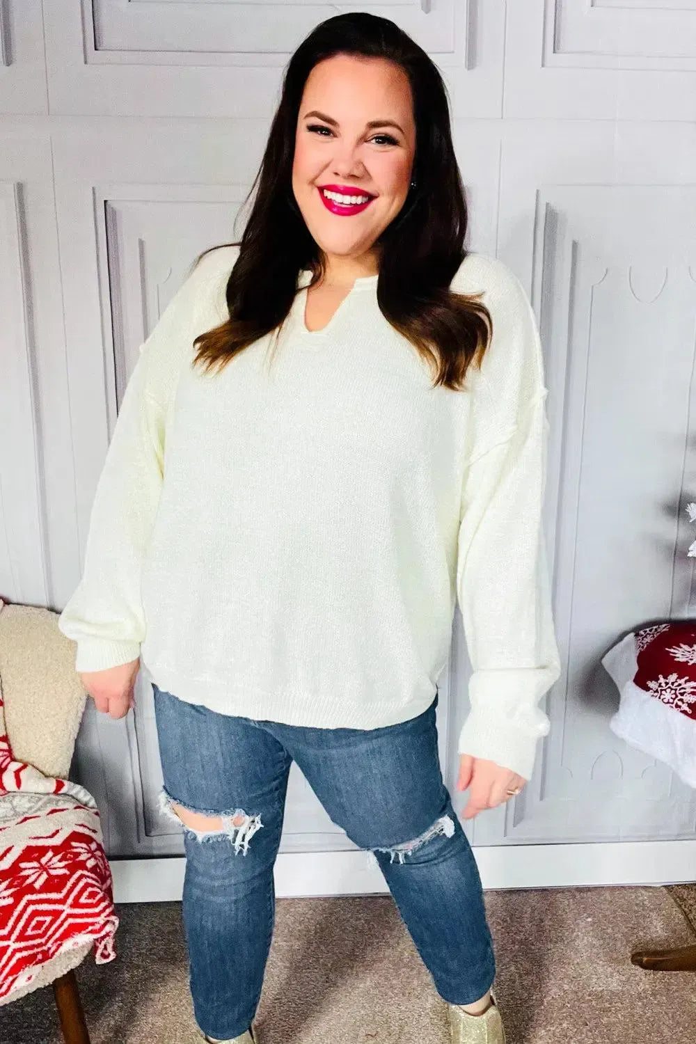 Lock Eyes Ivory Notched Neck With Patch Oversized Sweater-2024 Blow-Out Sale-Evelyns Fashion