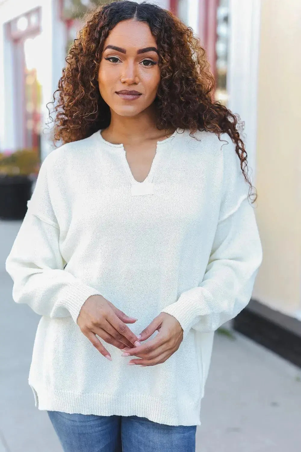 Lock Eyes Ivory Notched Neck With Patch Oversized Sweater-2024 Blow-Out Sale-Evelyns Fashion