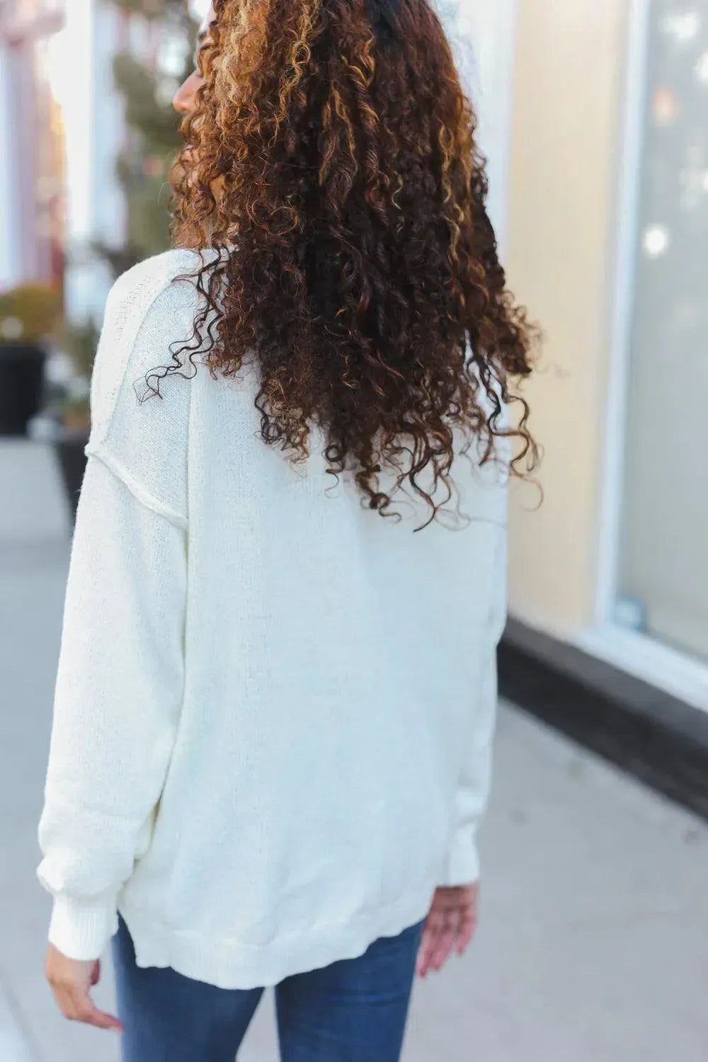 Lock Eyes Ivory Notched Neck With Patch Oversized Sweater-2024 Blow-Out Sale-Evelyns Fashion