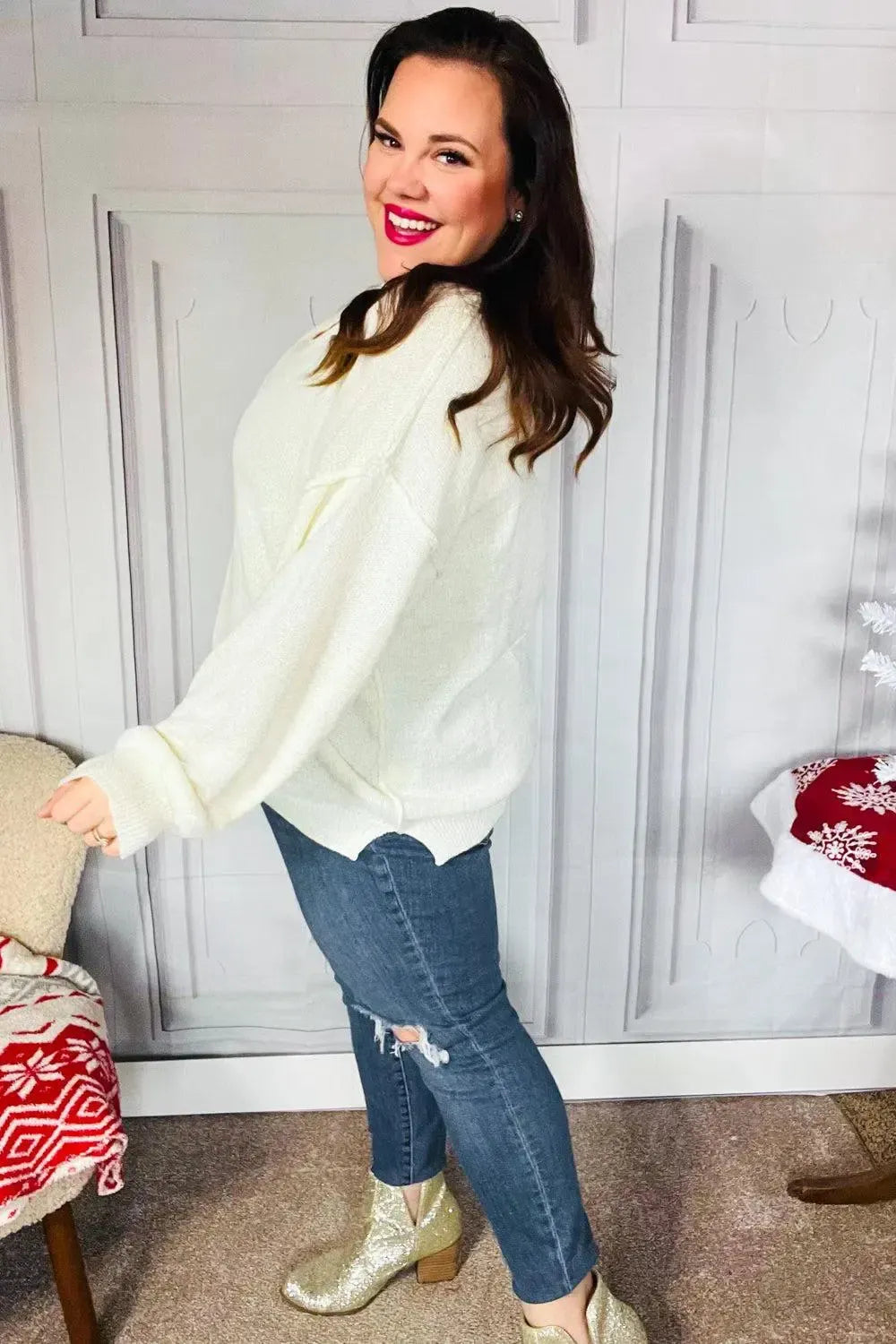 Lock Eyes Ivory Notched Neck With Patch Oversized Sweater-2024 Blow-Out Sale-Evelyns Fashion