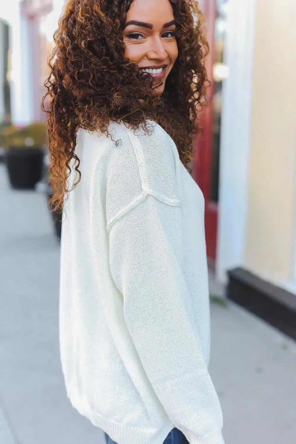 Lock Eyes Ivory Notched Neck With Patch Oversized Sweater-2024 Blow-Out Sale-Evelyns Fashion
