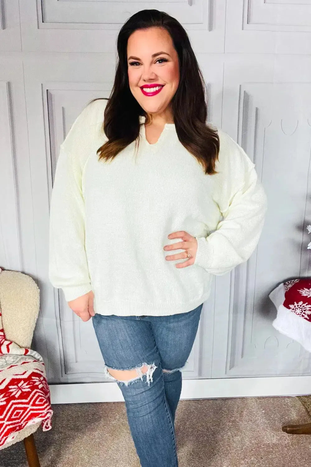 Lock Eyes Ivory Notched Neck With Patch Oversized Sweater-2024 Blow-Out Sale-Evelyns Fashion