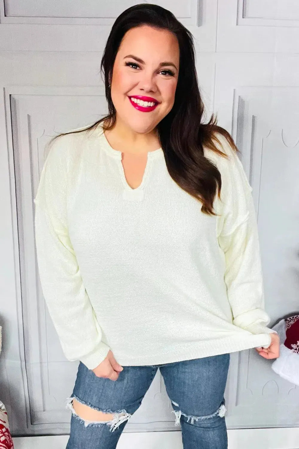 Lock Eyes Ivory Notched Neck With Patch Oversized Sweater-2024 Blow-Out Sale-Evelyns Fashion