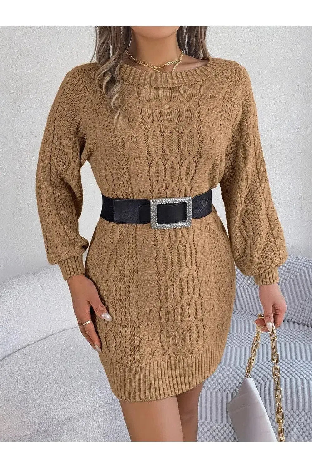 Long Sleeve Brown Sweater Dress-Apparel & Accessories-Evelyns Fashion