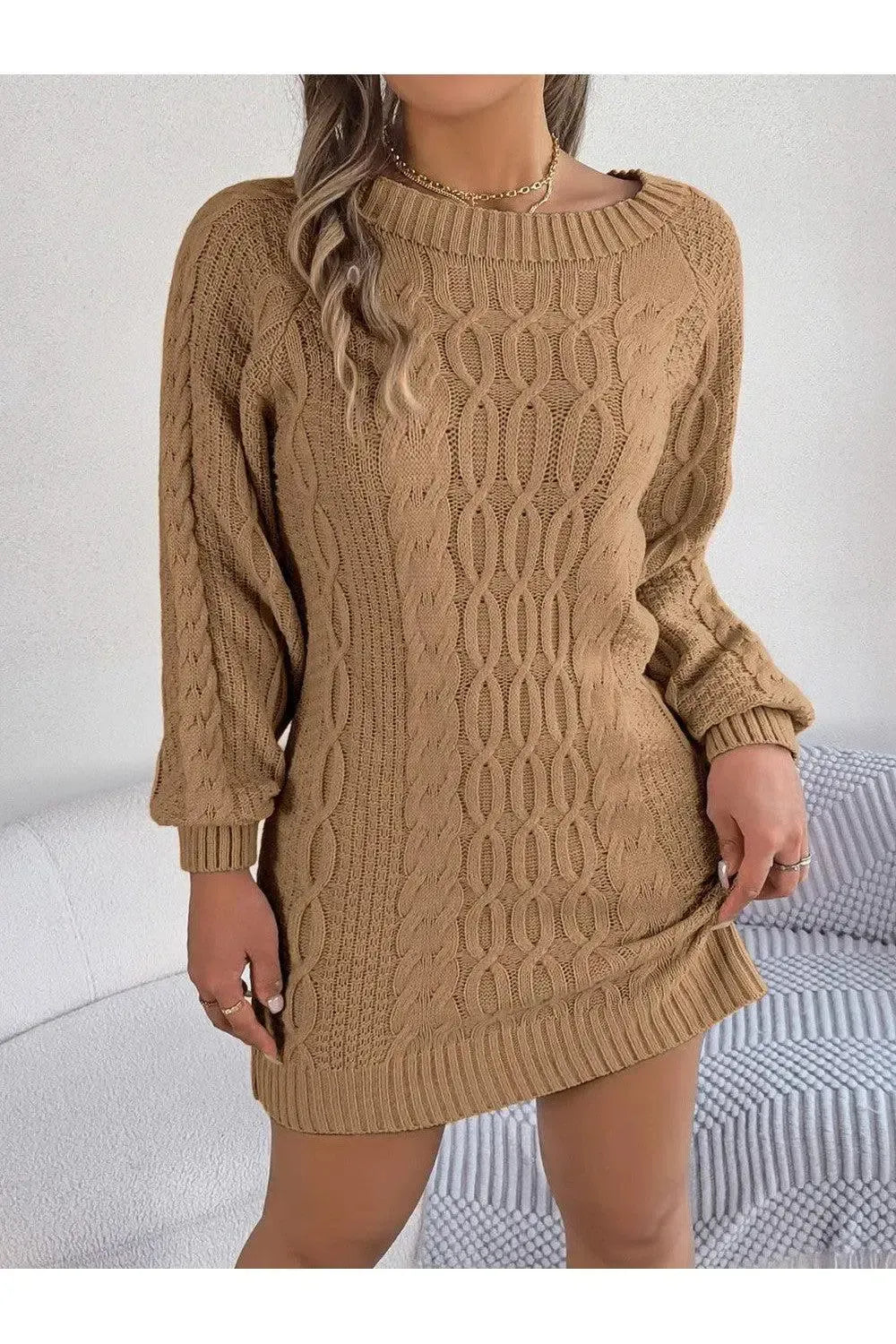 Long Sleeve Brown Sweater Dress-Apparel & Accessories-Evelyns Fashion