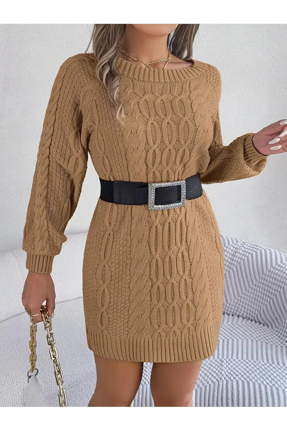 Long Sleeve Brown Sweater Dress-Apparel & Accessories-Evelyns Fashion