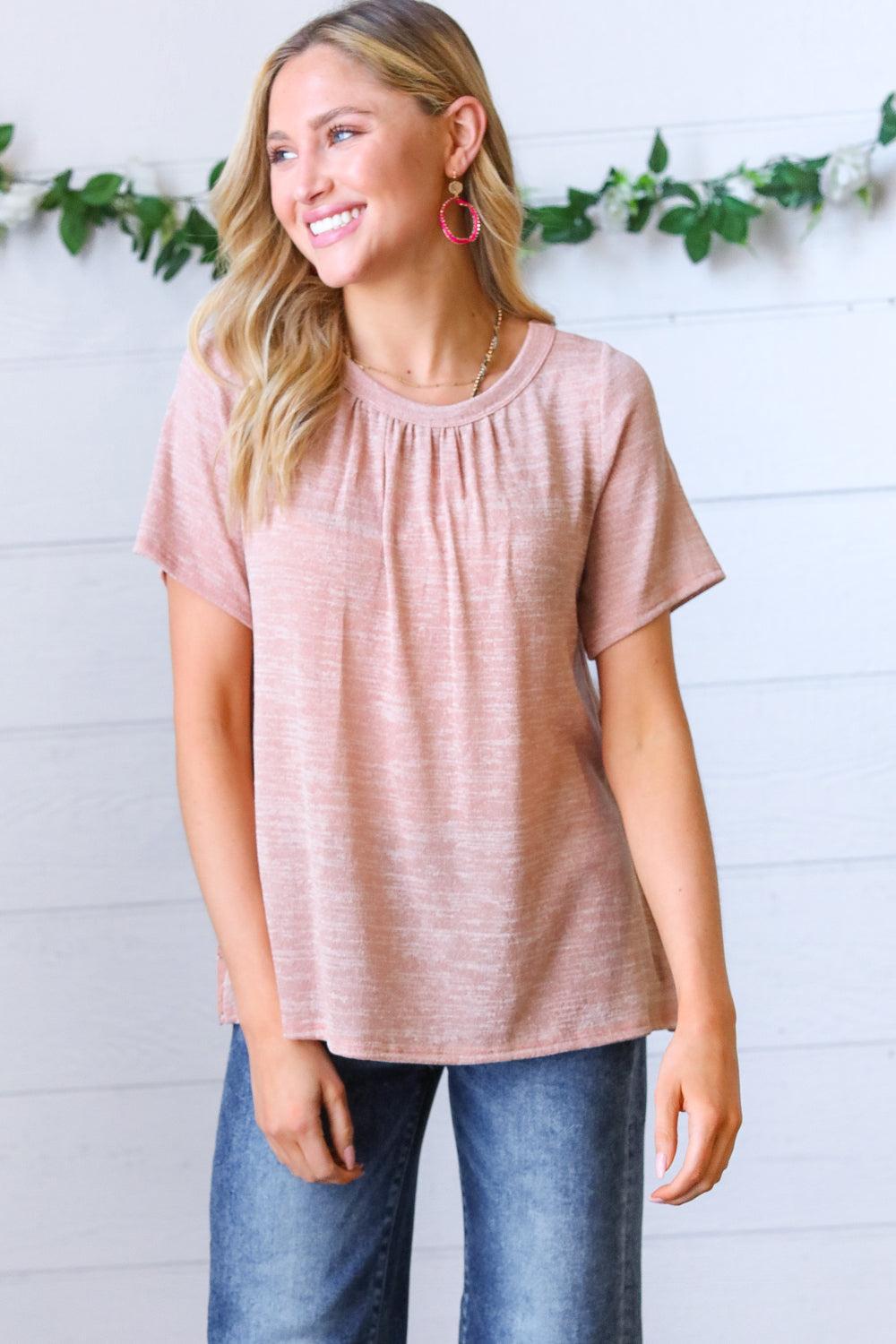 Mauve Crinkle Floral Top-Short Sleeve Blouse-Evelyns Fashion