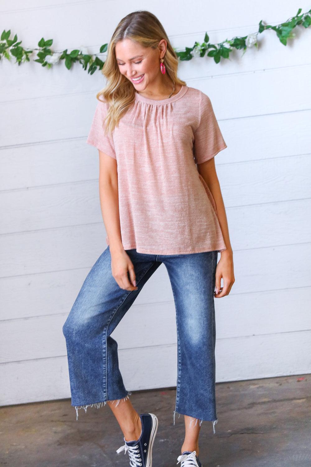 Mauve Crinkle Floral Top-Short Sleeve Blouse-Evelyns Fashion