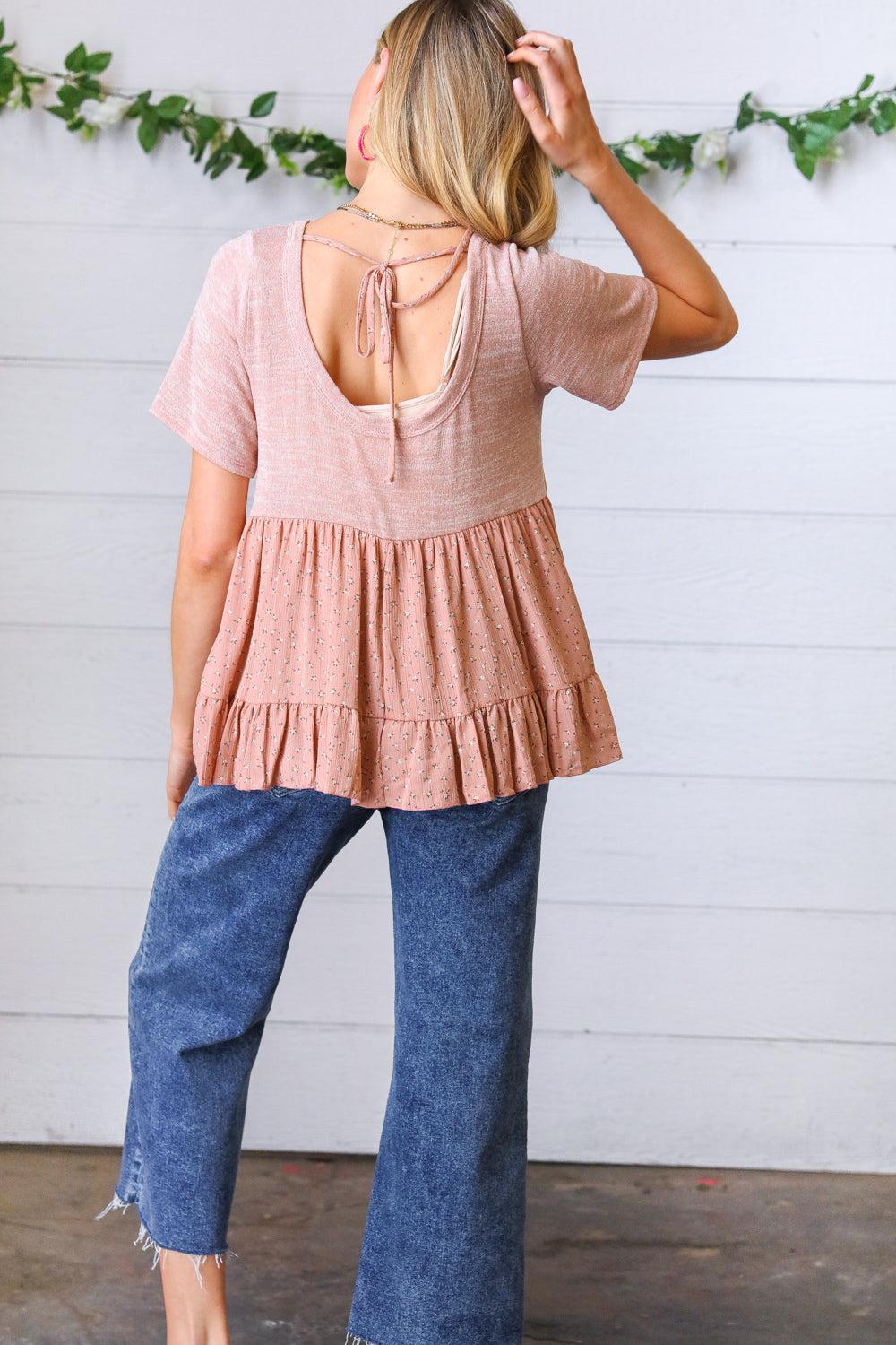 Mauve Crinkle Floral Top-Short Sleeve Blouse-Evelyns Fashion