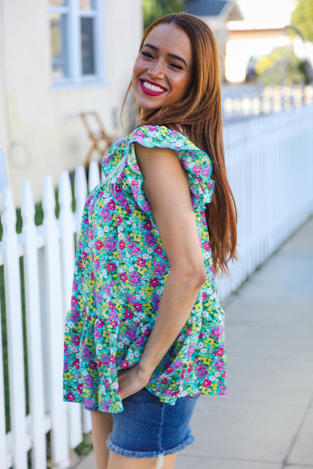 Mint Floral Yoke Flutter Sleeve Keyhole Back Top-2024 Blow-Out Sale-Evelyns Fashion