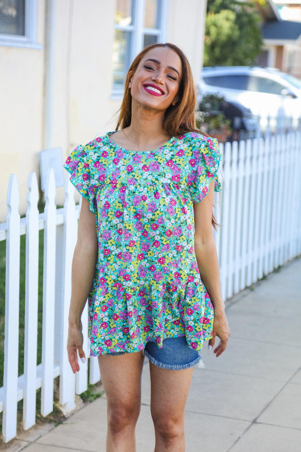 Mint Floral Yoke Flutter Sleeve Keyhole Back Top-2024 Blow-Out Sale-Evelyns Fashion
