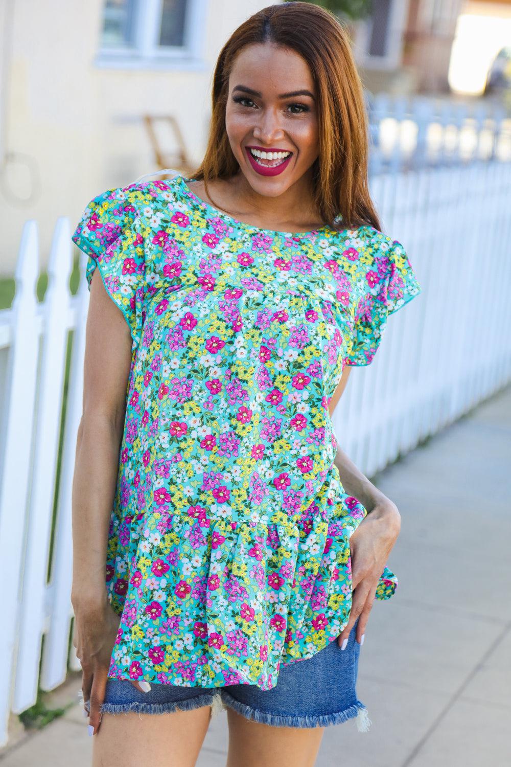 Mint Floral Yoke Flutter Sleeve Keyhole Back Top-2024 Blow-Out Sale-Evelyns Fashion