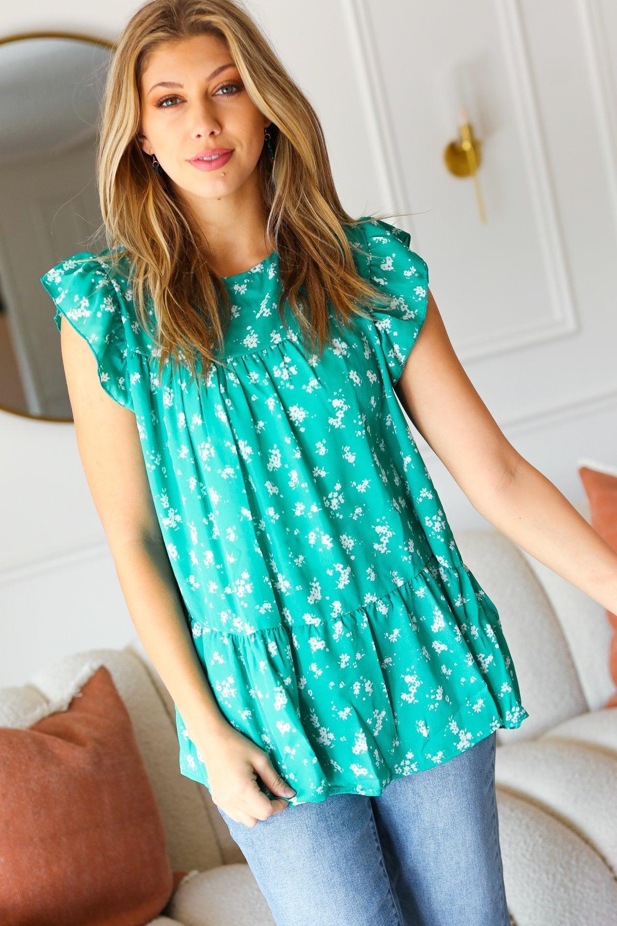 Mint Floral Yoke Top-blouse-Evelyns Fashion