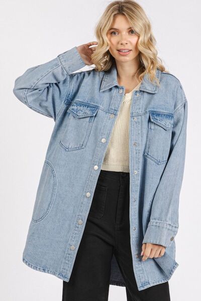 Mittoshop Light Wash Patch Pocket Longline Denim Jacket-OUTERWEAR-Evelyns Fashion