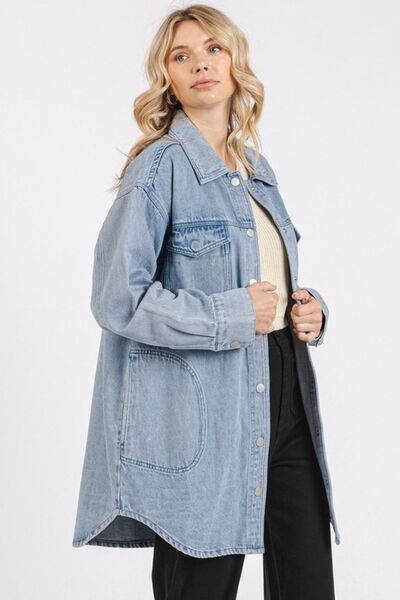 Mittoshop Light Wash Patch Pocket Longline Denim Jacket-OUTERWEAR-Evelyns Fashion