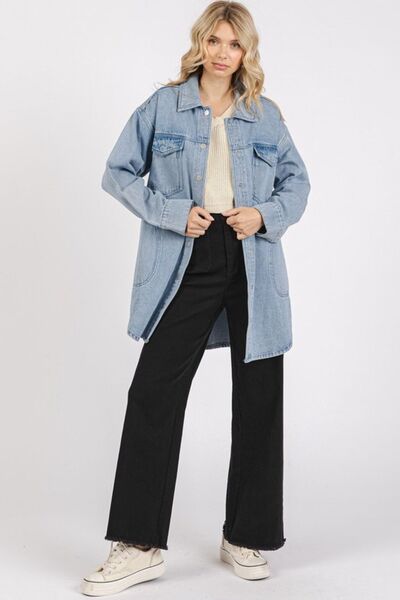 Mittoshop Light Wash Patch Pocket Longline Denim Jacket-OUTERWEAR-Evelyns Fashion