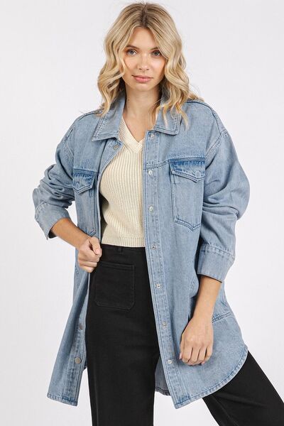 Mittoshop Light Wash Patch Pocket Longline Denim Jacket-OUTERWEAR-Evelyns Fashion
