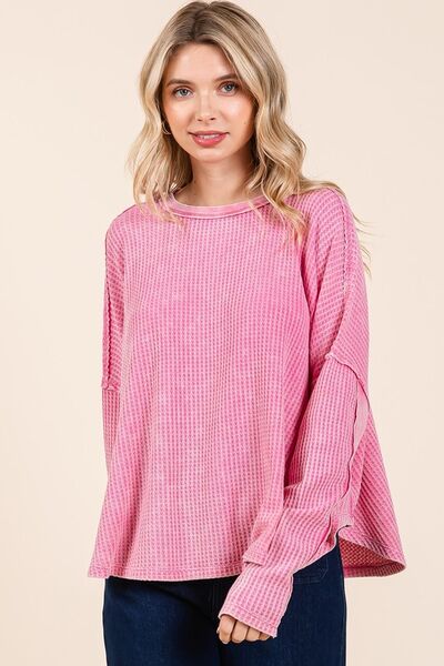 Mittoshop Waffle-Knit Exposed Seam Round Neck Top-OUTERWEAR-Evelyns Fashion