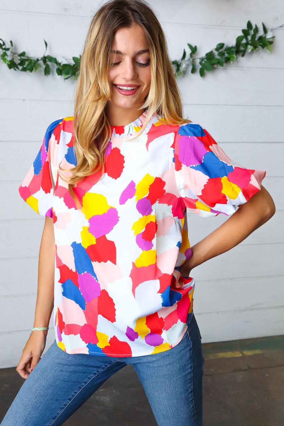 Mock Neck puff Sleeve Top-Tops-Evelyns Fashion