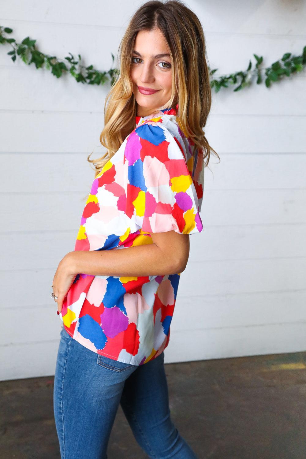 Mock Neck puff Sleeve Top-Tops-Evelyns Fashion
