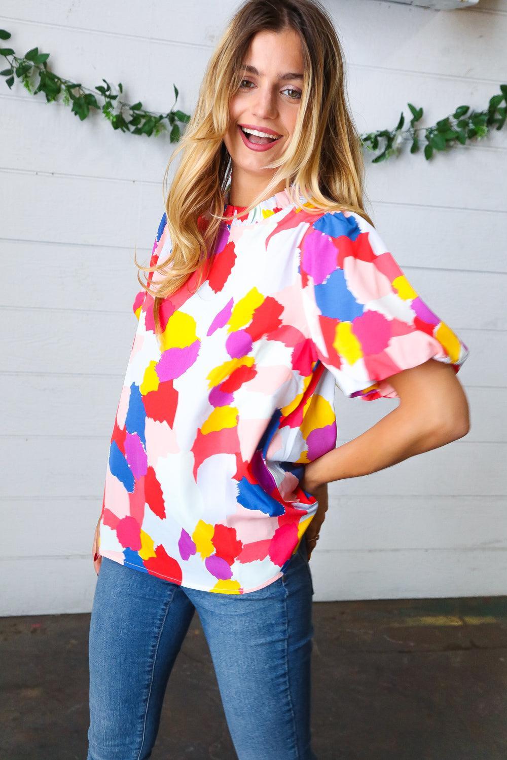 Mock Neck puff Sleeve Top-Tops-Evelyns Fashion