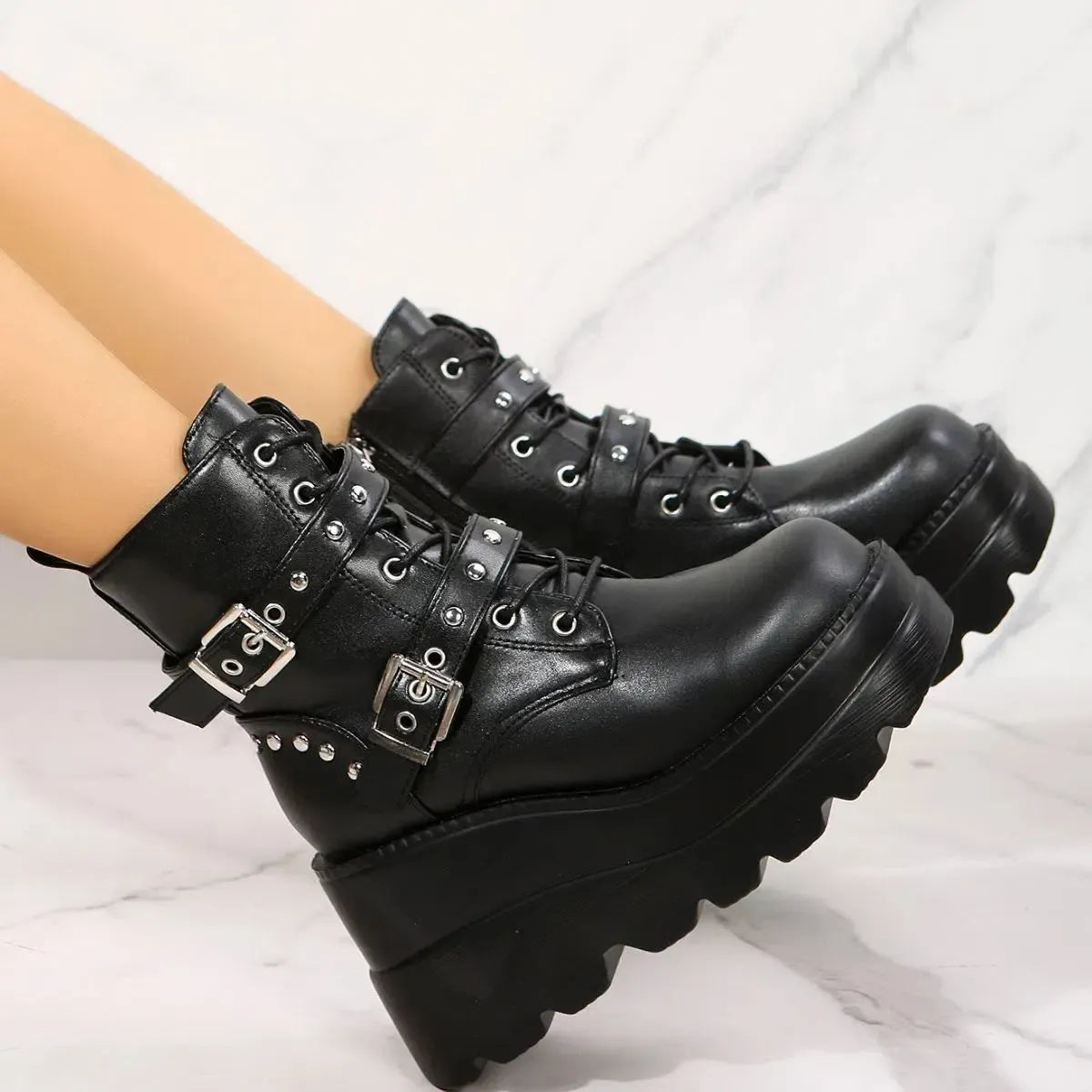 Modern Comfort: PU Leather Wedge Boots with Side Zip-shoes-Evelyns Fashion