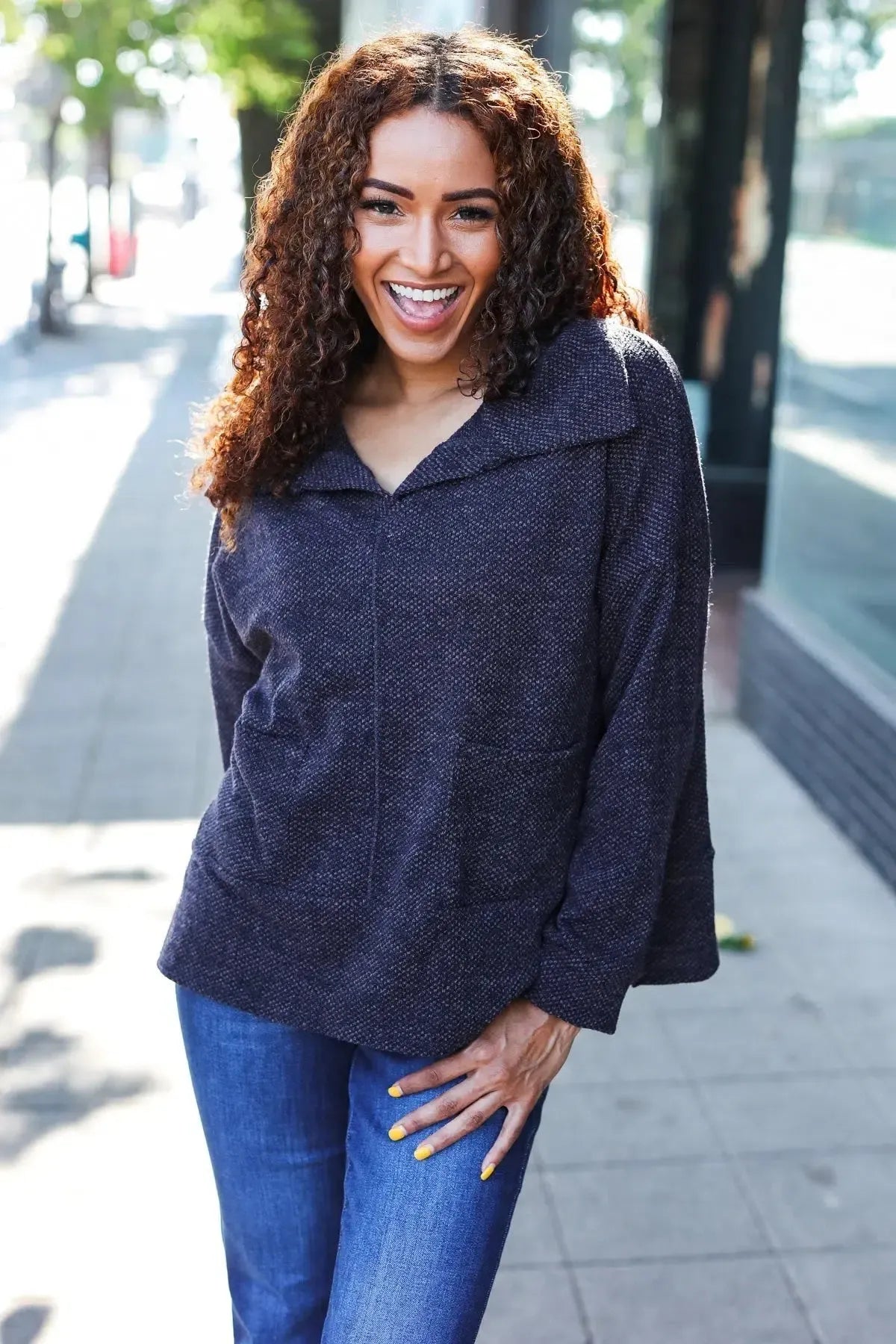 Modern Elegance: Oversized Collar Sweater in Charcoal Knit-2024 Blow-Out Sale-Evelyns Fashion