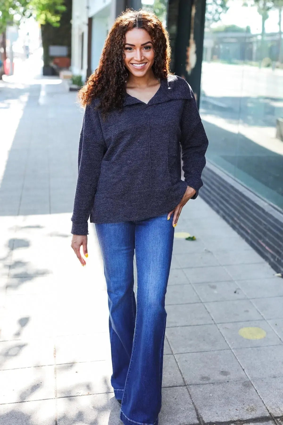 Modern Elegance: Oversized Collar Sweater in Charcoal Knit-2024 Blow-Out Sale-Evelyns Fashion