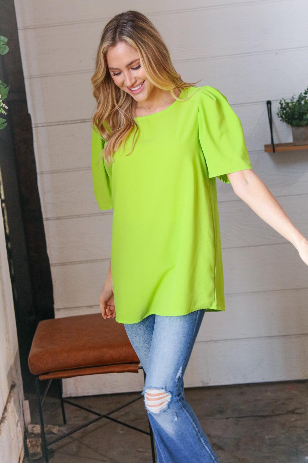 Neon Green Puff Sleeve Crepe Top-Short Sleeve Blouse-Evelyns Fashion
