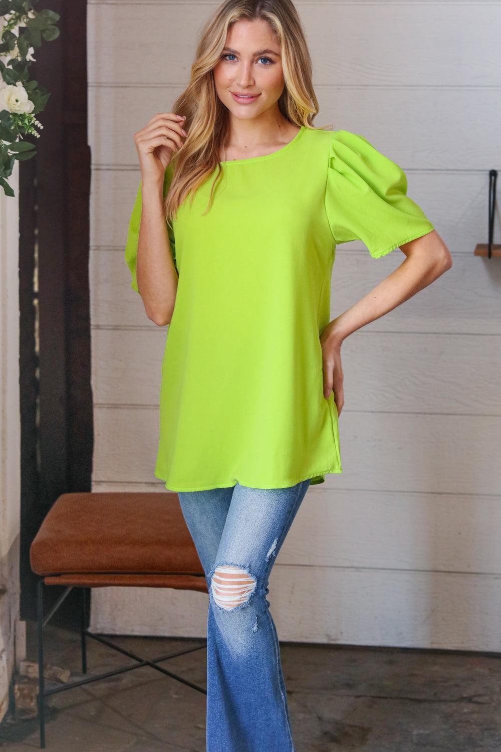 Neon Green Puff Sleeve Crepe Top-Short Sleeve Blouse-Evelyns Fashion