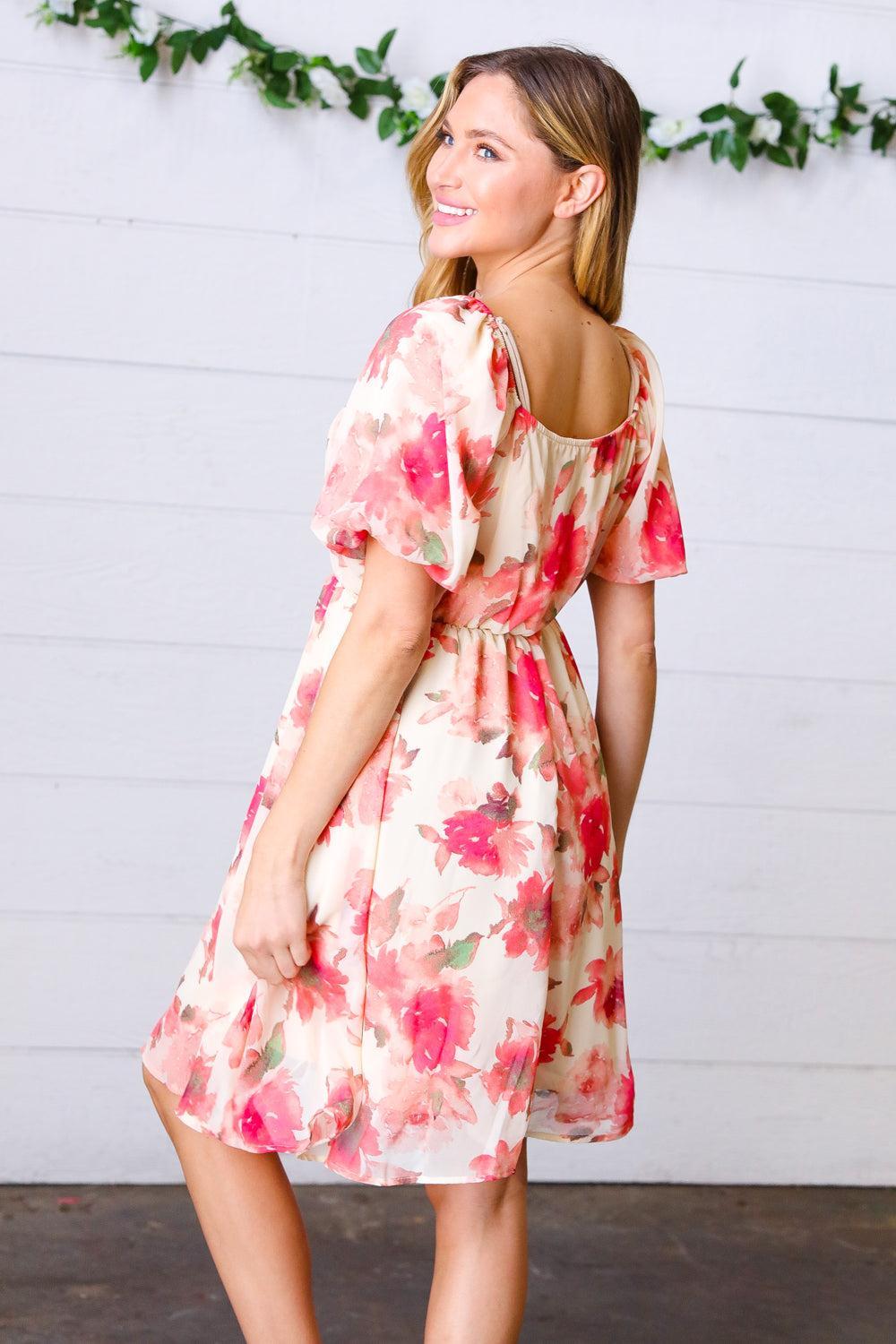 Peach Floral Chiffon Puff Sleeve Dress-Dresses-Evelyns Fashion