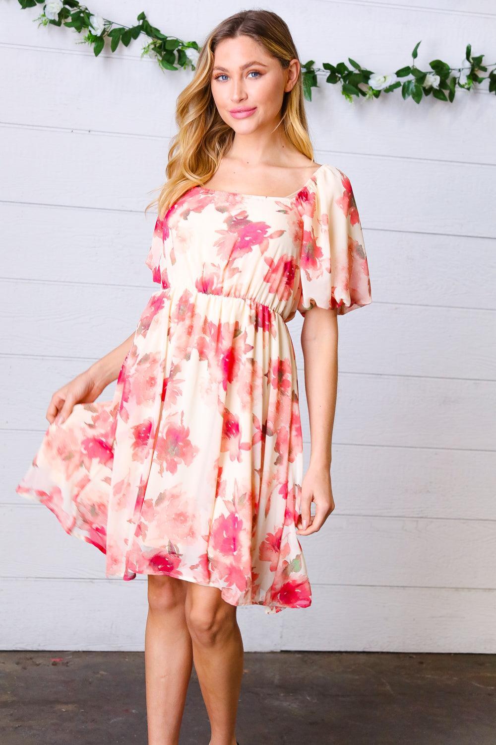 Peach Floral Chiffon Puff Sleeve Dress-Dresses-Evelyns Fashion
