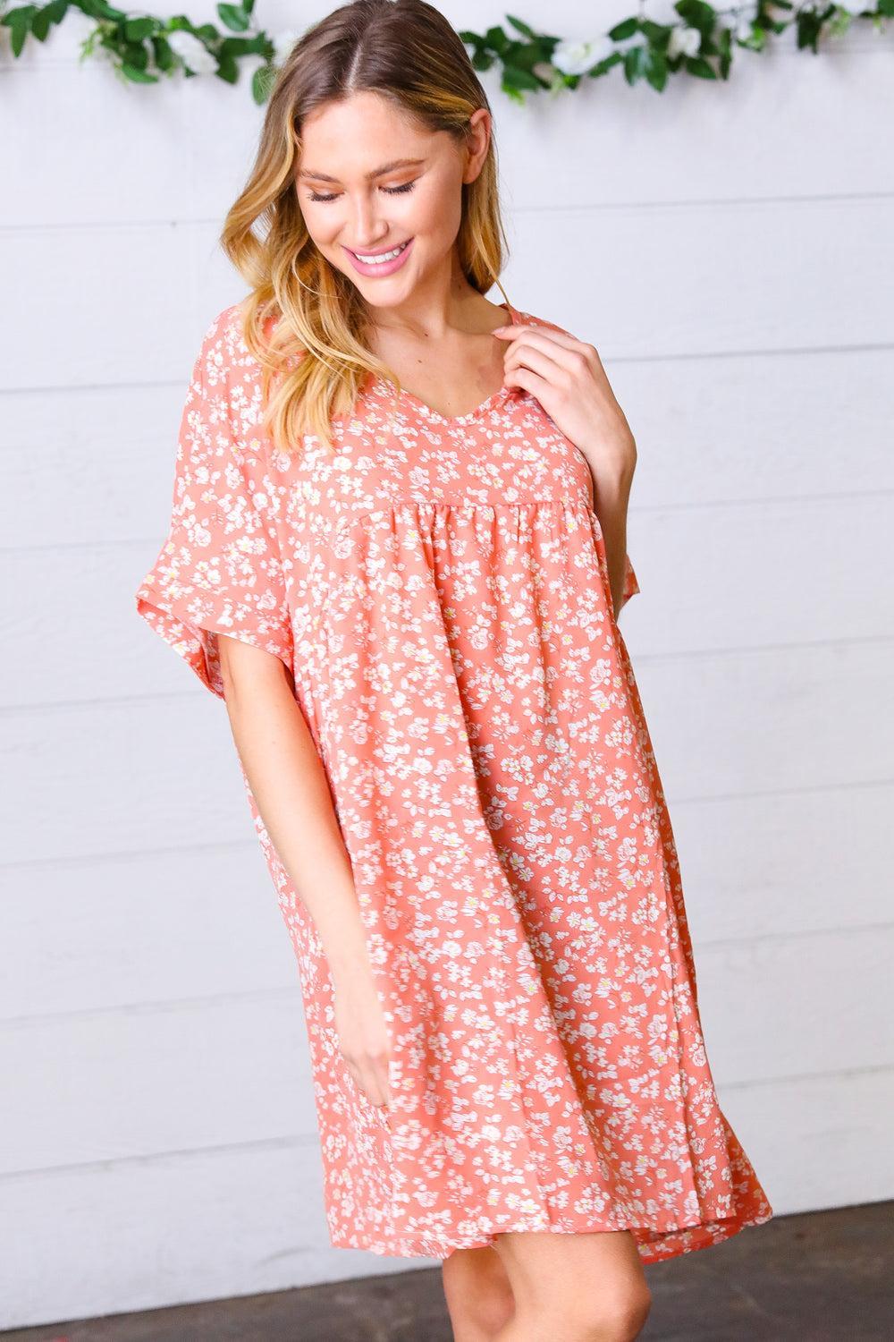 Peach Floral Dolman Dress-Dresses-Evelyns Fashion
