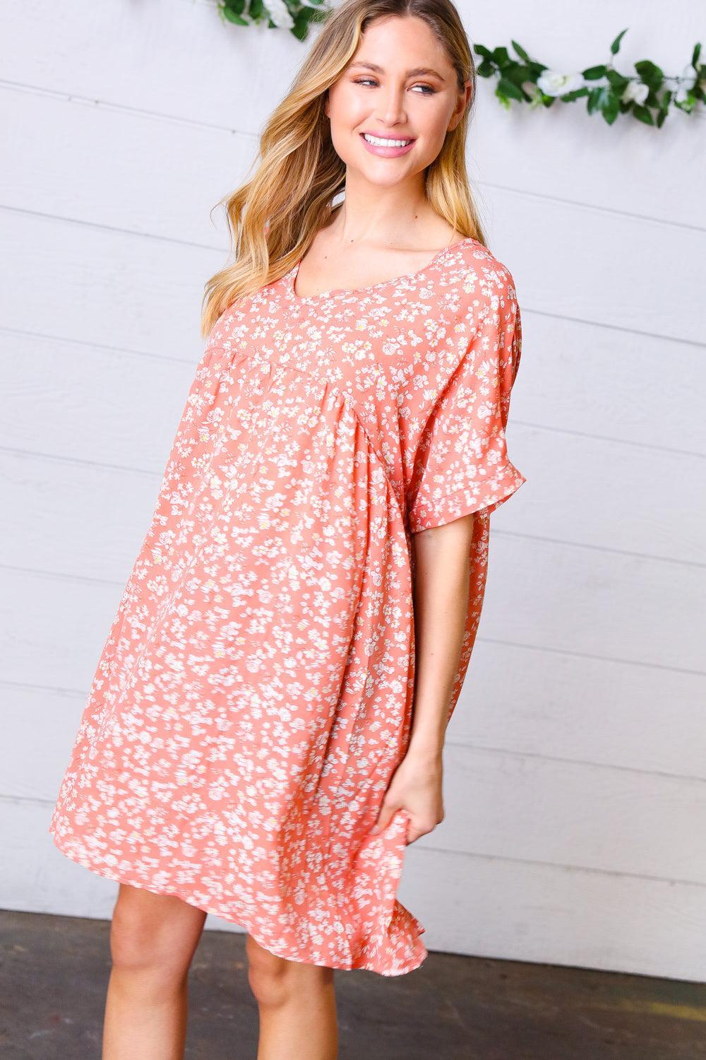 Peach Floral Dolman Dress-Dresses-Evelyns Fashion