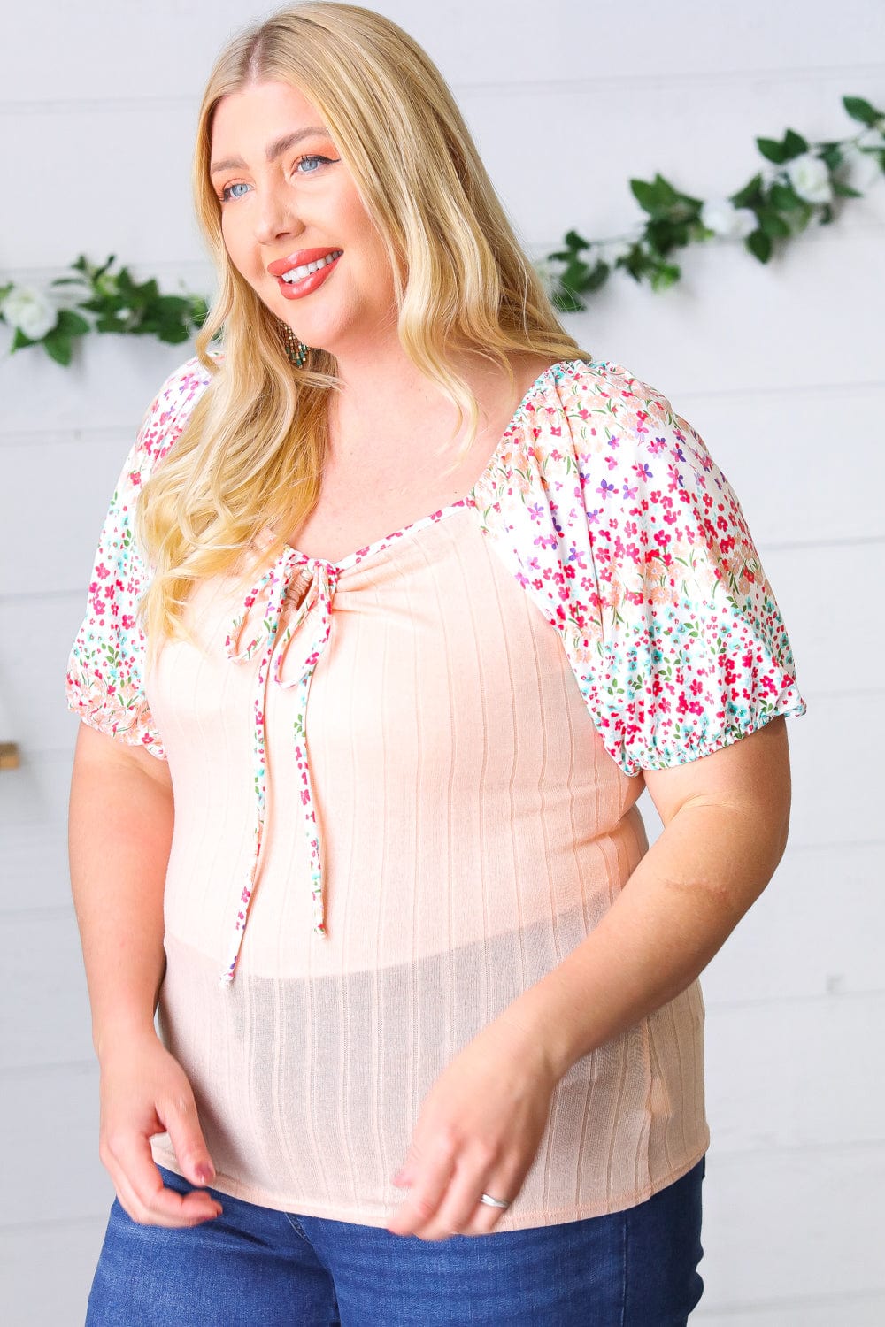 Peach Floral Tie Neck Top-Short Sleeve Blouse-Evelyns Fashion