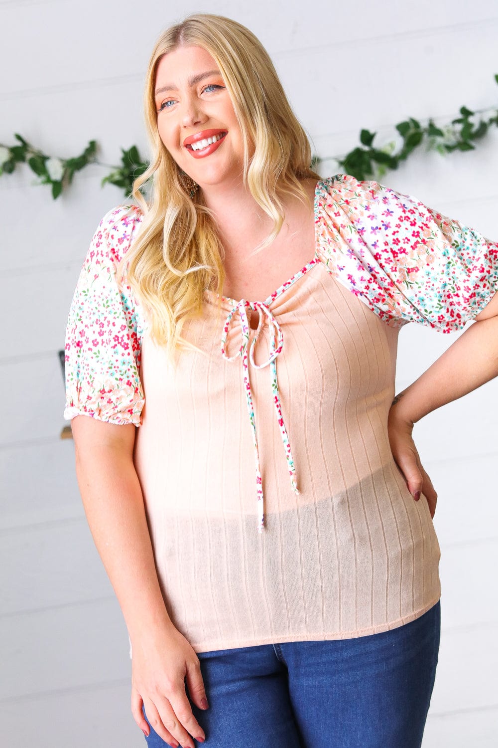 Peach Floral Tie Neck Top-Short Sleeve Blouse-Evelyns Fashion