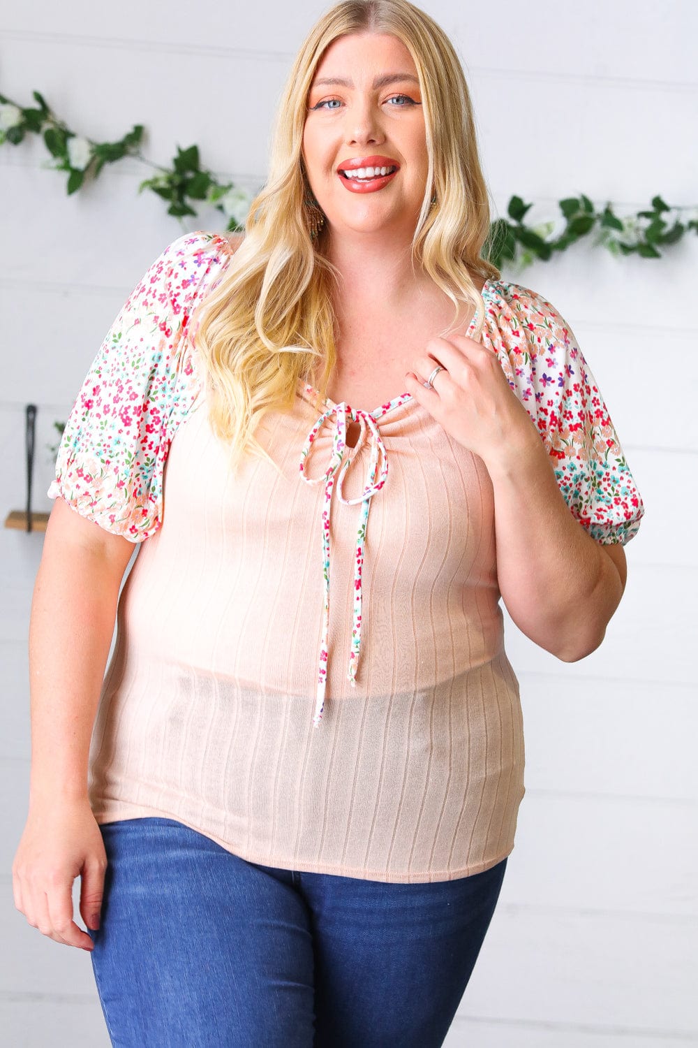 Peach Floral Tie Neck Top-Short Sleeve Blouse-Evelyns Fashion