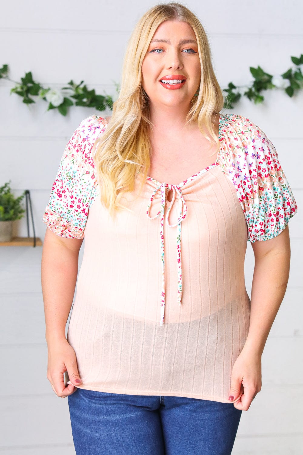 Peach Floral Tie Neck Top-Short Sleeve Blouse-Evelyns Fashion