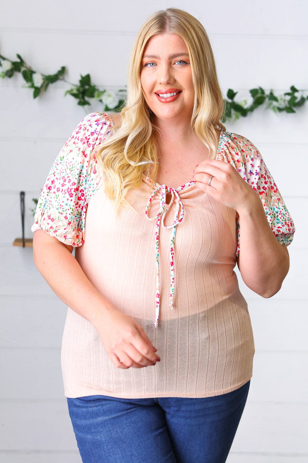 Peach Floral Tie Neck Top-Short Sleeve Blouse-Evelyns Fashion
