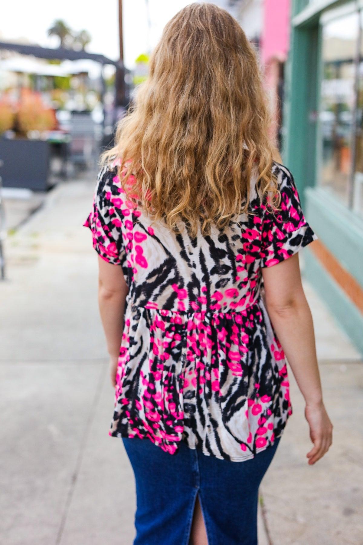 Pink Animal Print Babydoll V Neck Top-Blouses-Evelyns Fashion