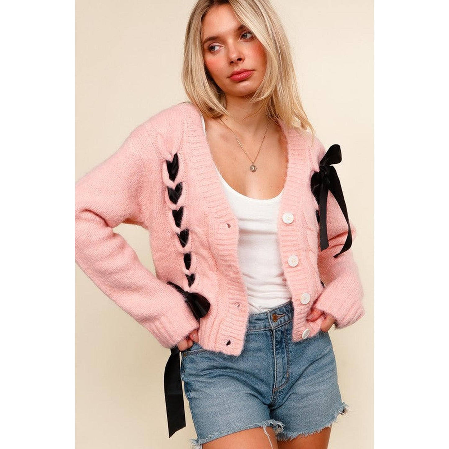 Pink Button Down Sweater Cardigan-Cardigans-Evelyns Fashion