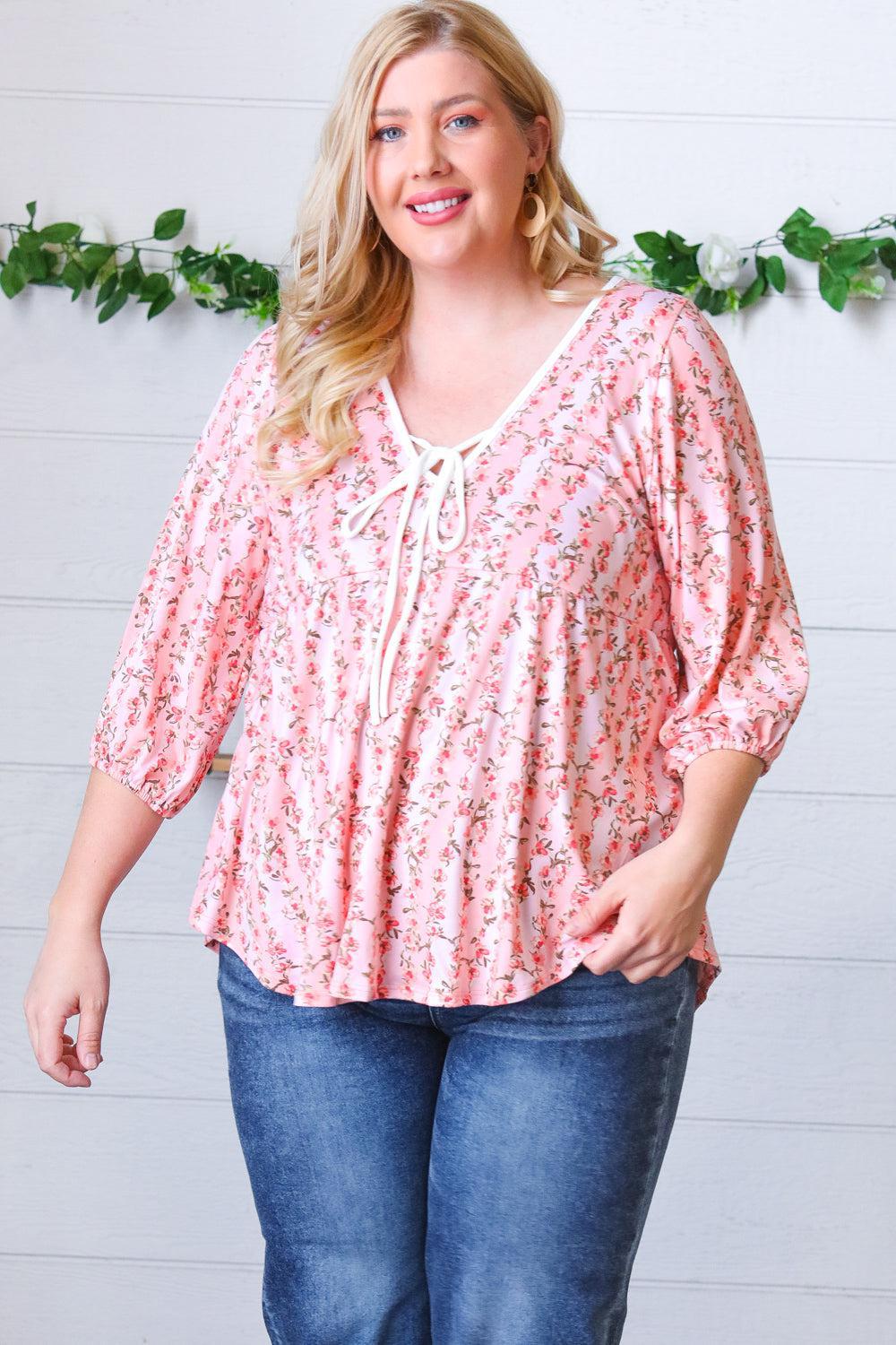 Pink Floral Stripe V Tie Neck Knit Top-Evelyns Fashion