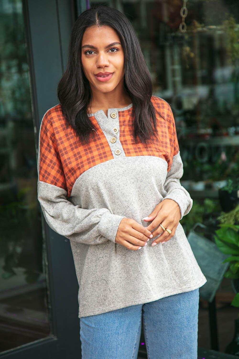 Plaid Cashmere Feel Button Down Top-Short Sleeve Blouse-Evelyns Fashion