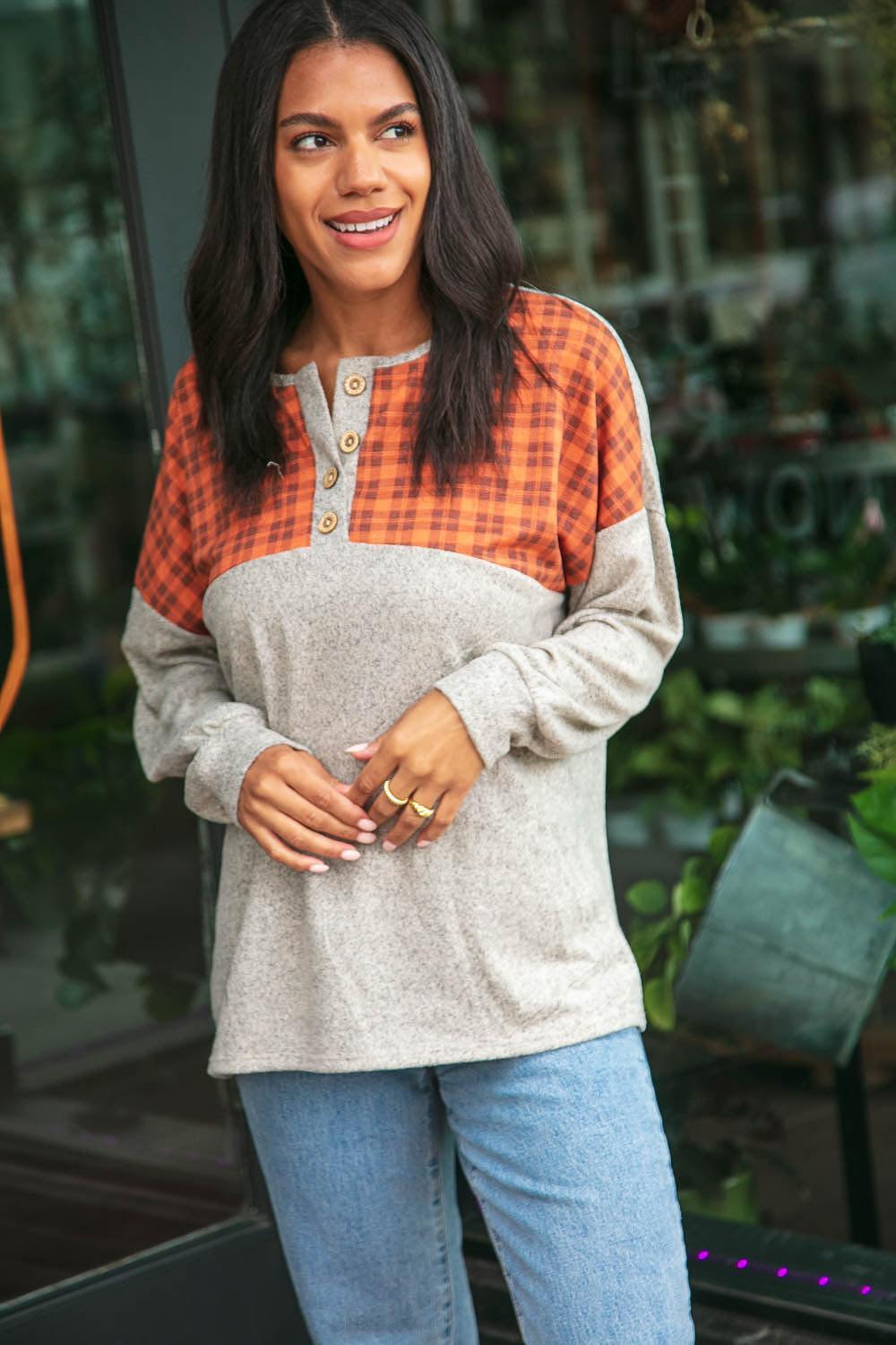 Plaid Cashmere Feel Button Down Top-Short Sleeve Blouse-Evelyns Fashion