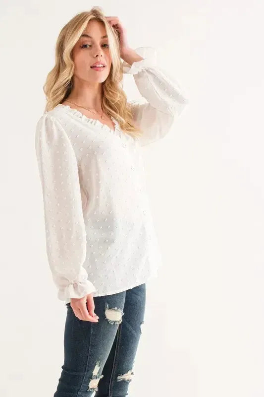 Polka Dot Ruffle Blouse-Apparel & Accessories-Evelyns Fashion