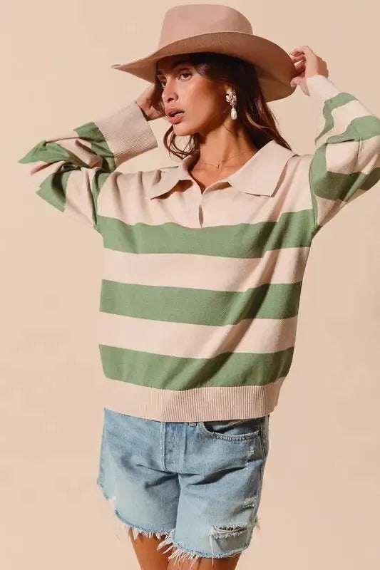 Polo Sweater Top – Wide Stripe, Soft Knit & Preppy-Chic-Apparel & Accessories-Evelyns Fashion